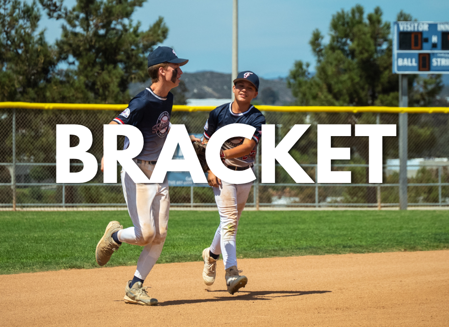 Two baseball players running on a field with large white text reading “BRACKET”