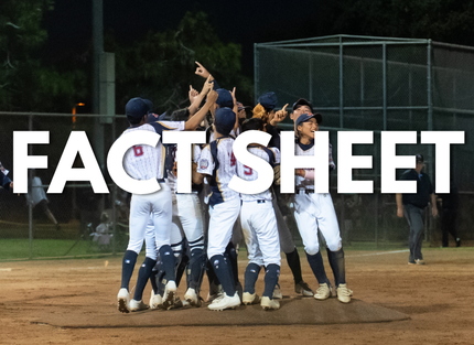 Baseball team huddles on the field under large “FACT SHEET” text.