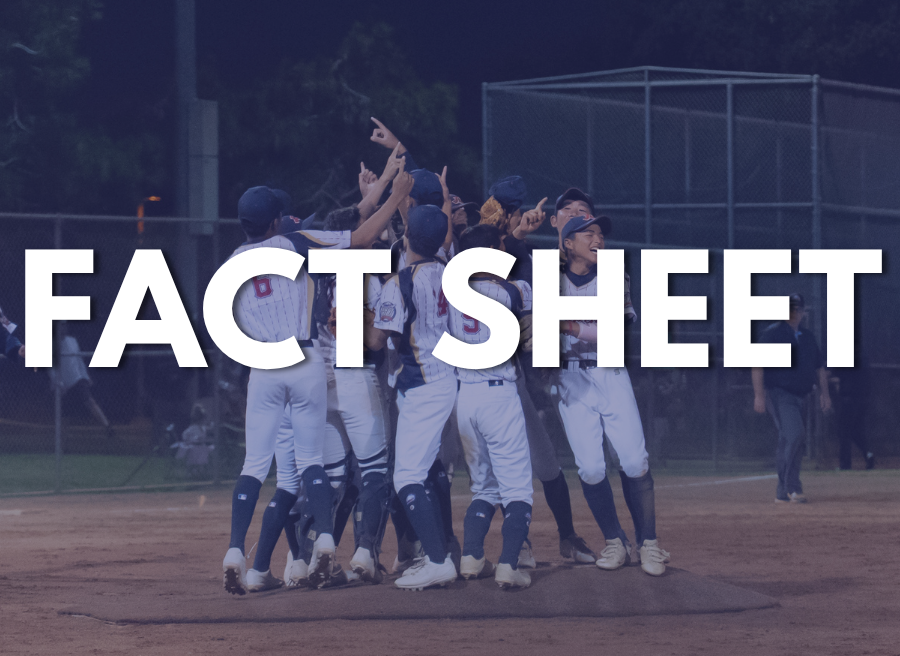 Baseball team celebrating on the field with large “FACT SHEET” text overlay