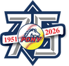 PONY 75th anniversary logo with baseball and years 1951 and 2026 on a navy and gray emblem