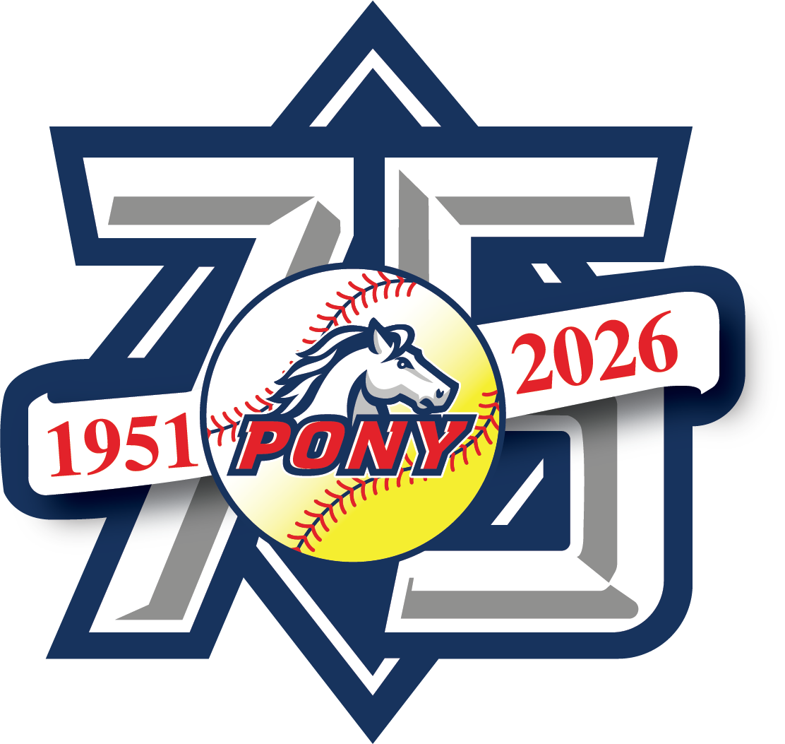 PONY 75th anniversary logo with baseball and years 1951 and 2026 on a navy and gray emblem