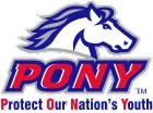 PONY 75th anniversary logo with baseball and years 1951 and 2026 on a navy and gray emblem