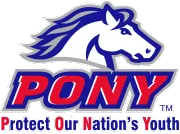 PONY 75th anniversary logo with baseball and years 1951 and 2026 on a navy and gray emblem