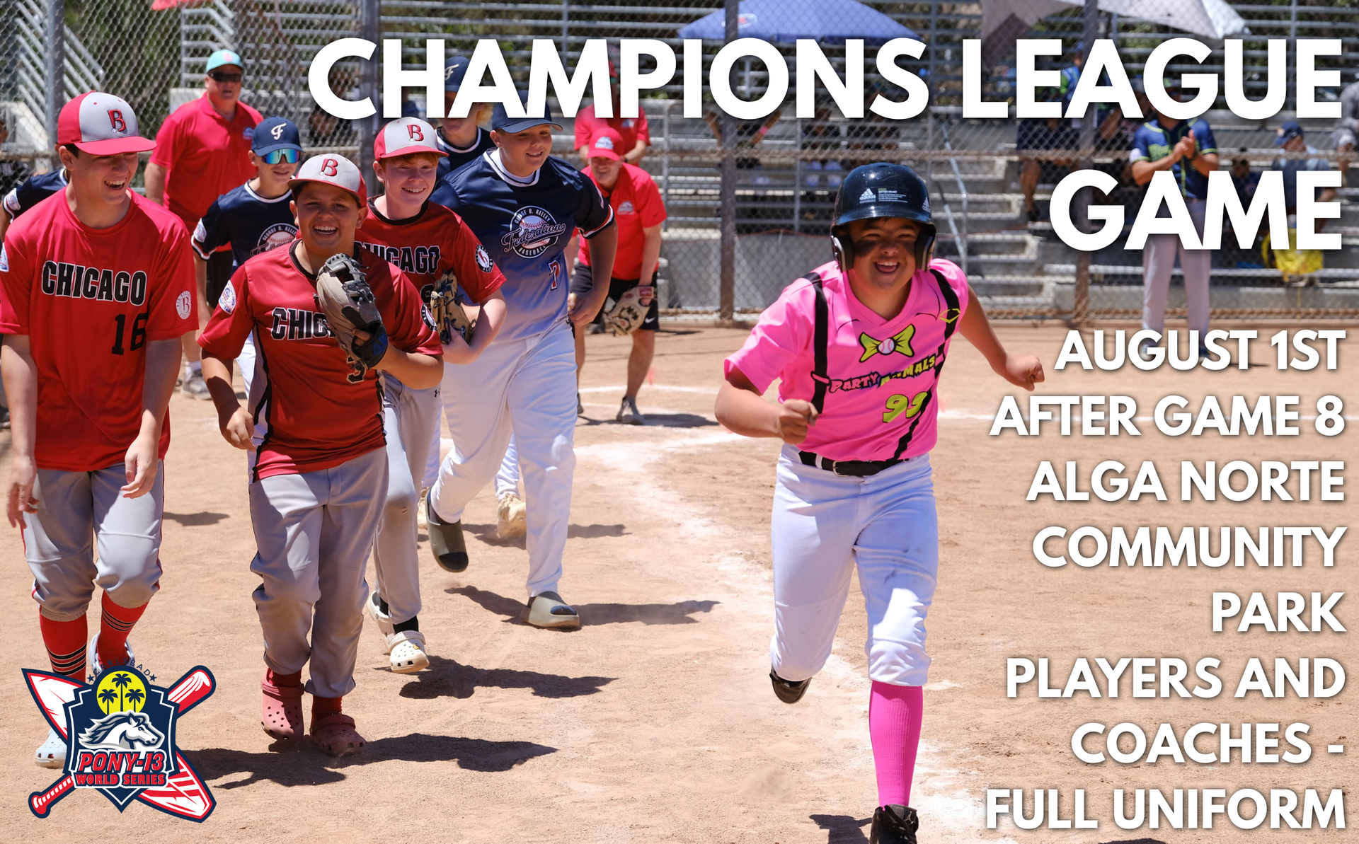 Champions League game poster with softball players, team logos, and date: Saturday, August 1 at 1 pm