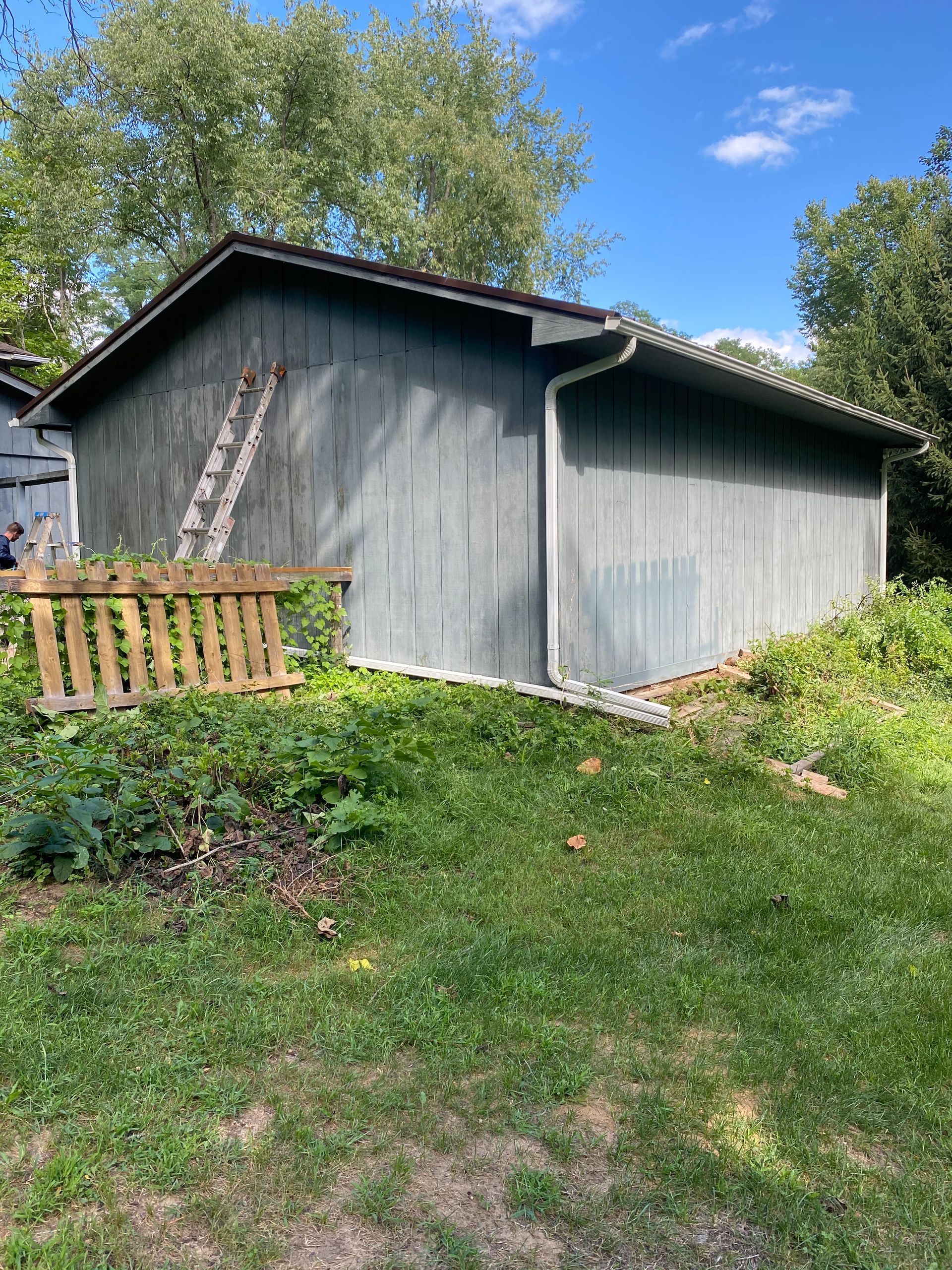 A shed is sitting in the middle of a lush green field.