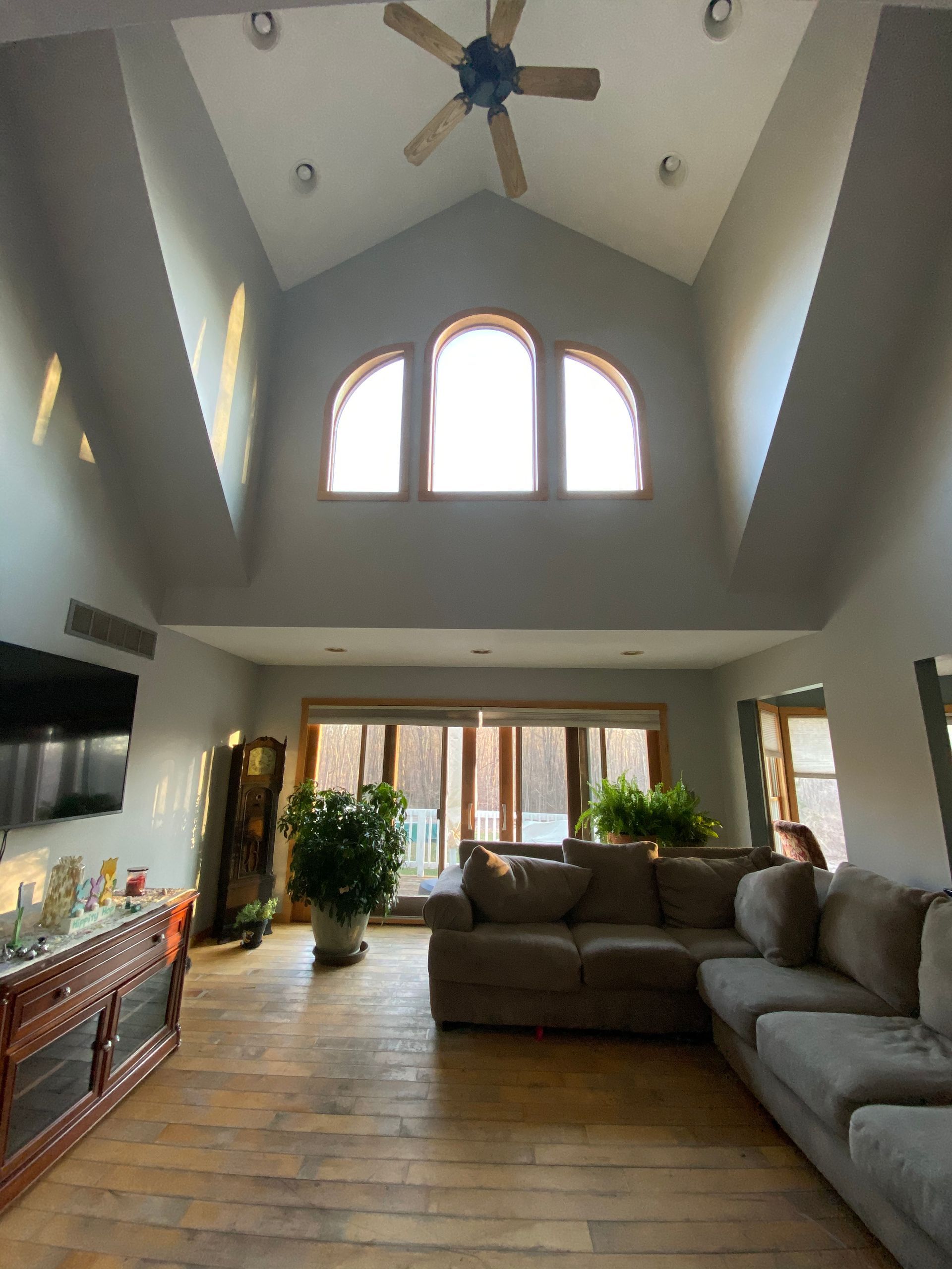 A living room with a couch and a ceiling fan