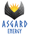 A logo for asgard energy with a sun in the middle