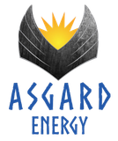 A logo for asgard energy with a sun in the middle