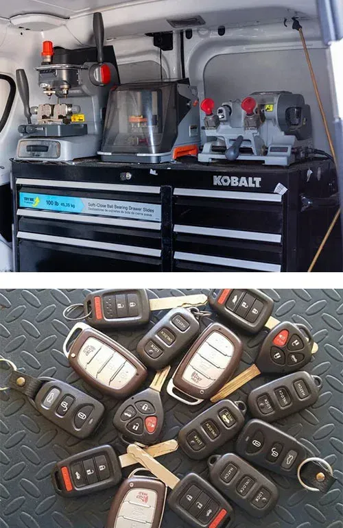 Keys and key-making tools inside a van. Close-up of car keys. Key duplication equipment on a black tool chest.