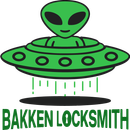 Green alien in a UFO over a black ground; "Bakken Locksmith" text below.