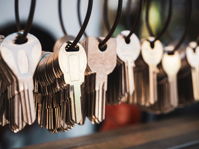 Keys hanging on black cords, in a row. Close-up view of the key heads, and blades.