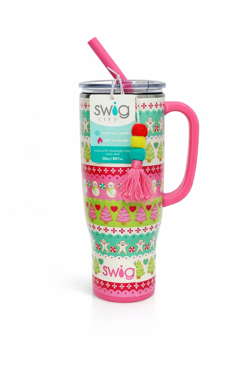 Pink insulated tumbler with straw and handle, decorated with colorful patterned bands and “Swig” logo