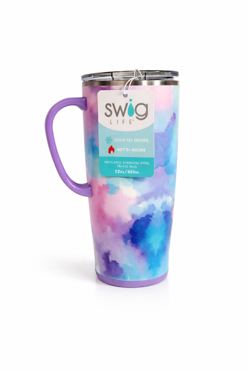 Colorful Swig tumbler with purple handle and pastel pink, blue, and purple tie-dye design
