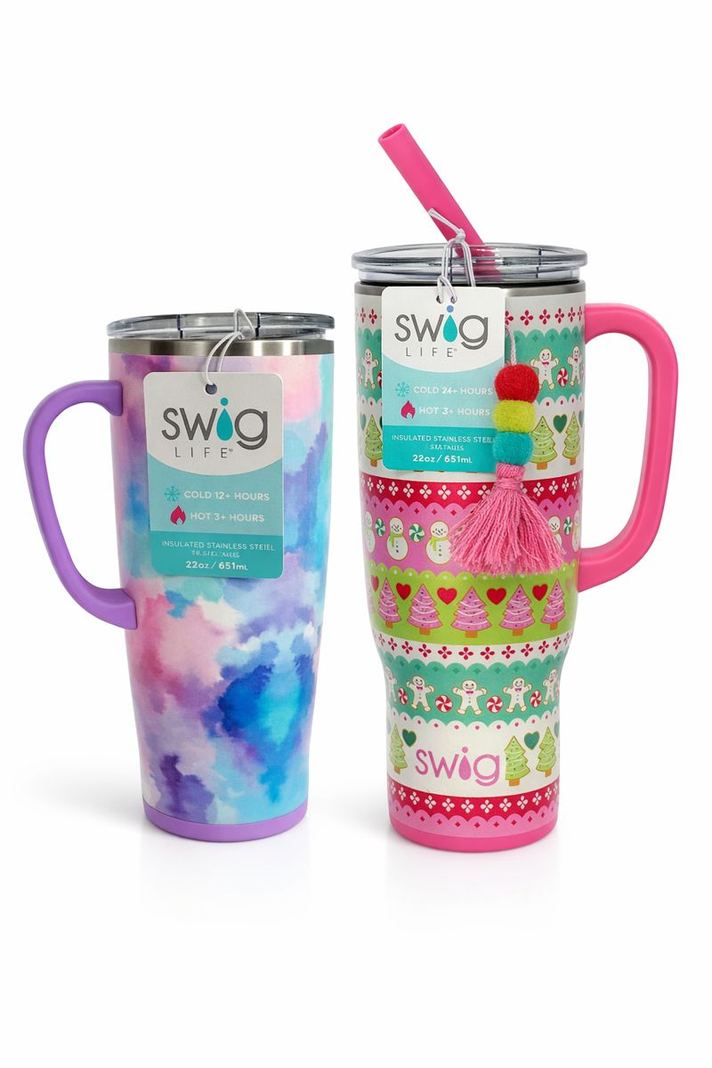 Two colorful Swig tumblers with handles and straws, one pastel tie-dye and one pink patterned.