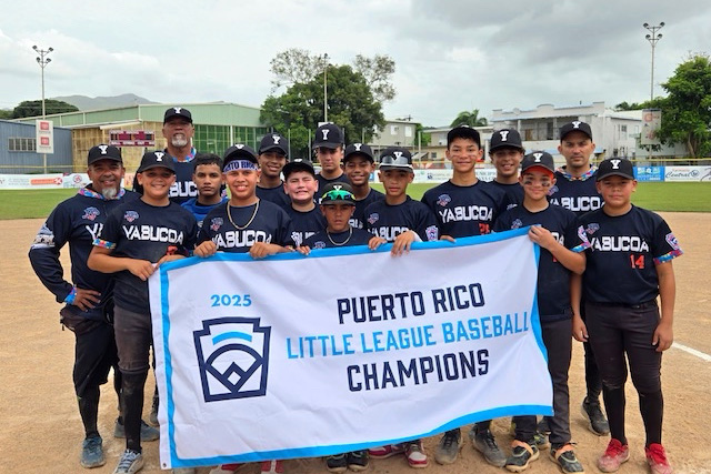 A group of puerto rico little league baseball champions are posing for a picture.