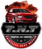 Logo for T.N.T. Thompson and Thompson Paintless Dent Repair featuring a red car against an explosion background.