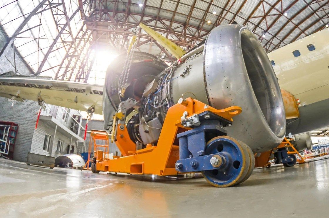 A large engine is being moved by a pallet truck in a hangar.