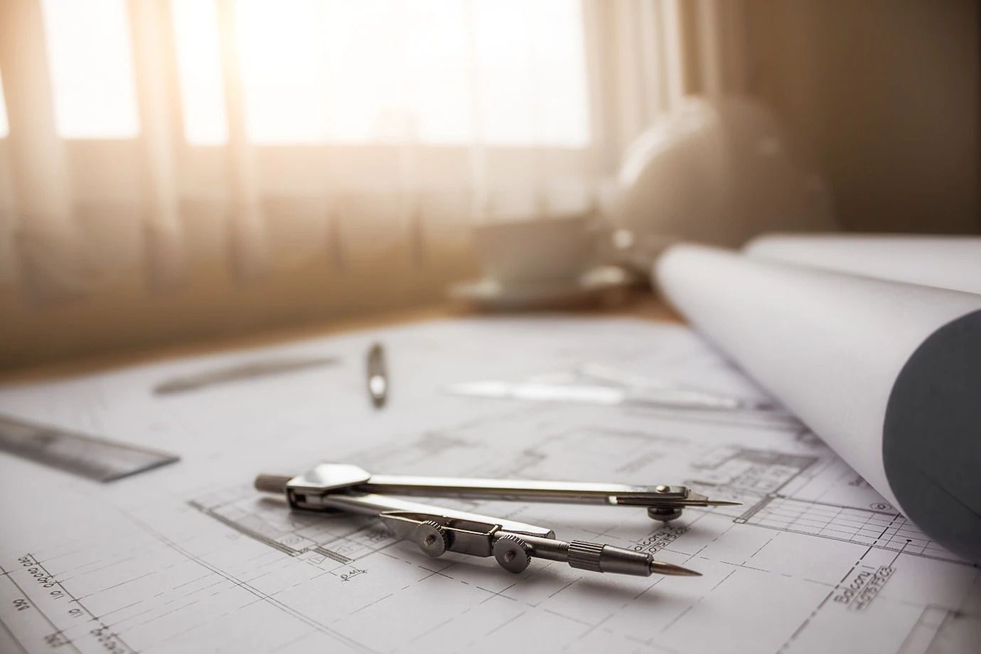 A compass is sitting on top of a drawing on a table.