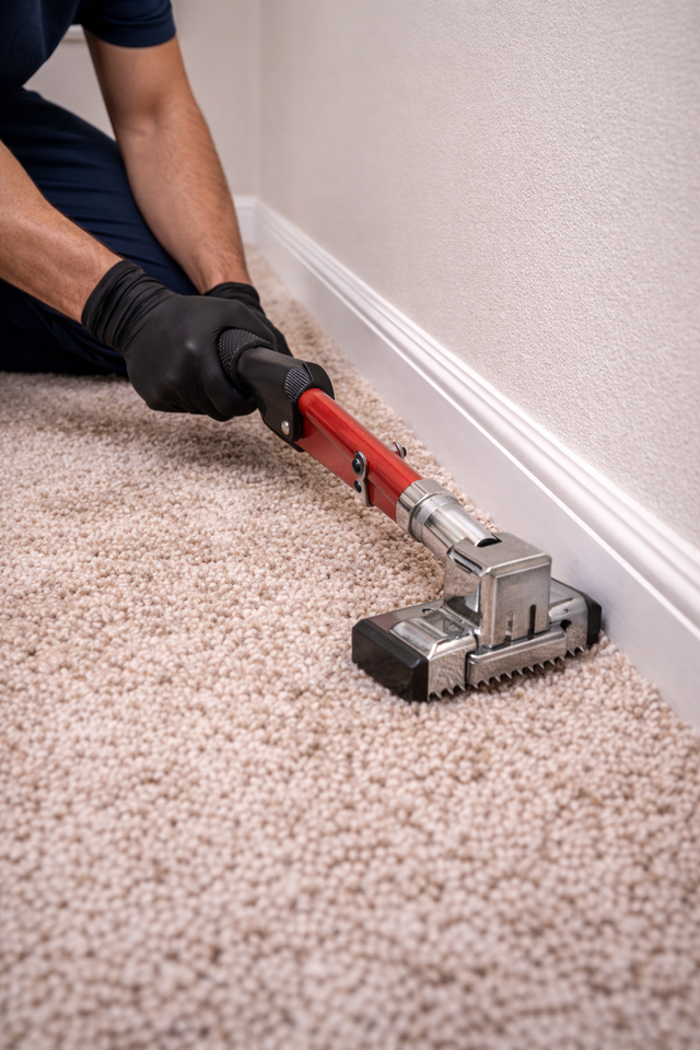 Person in black gloves using a carpet stretcher to install carpet near a white baseboard.