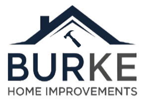 Logo for "Burke Home Improvements" with a dark blue roof over the word "BURKE" and a hammer icon.
