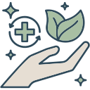 Hand holding green leaf and medical cross with sparkle icons, symbolizing health and wellness