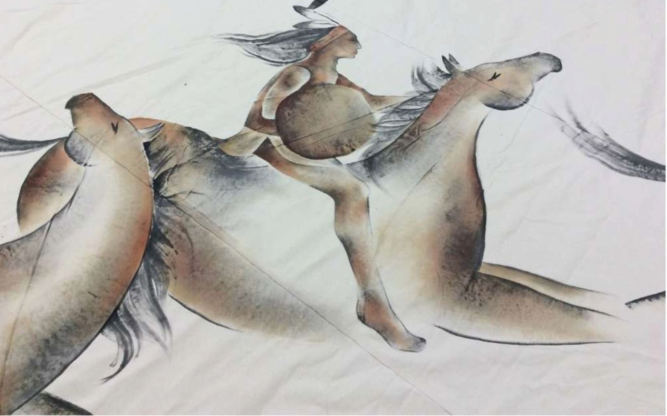 A painting of a man riding on the back of a horse.