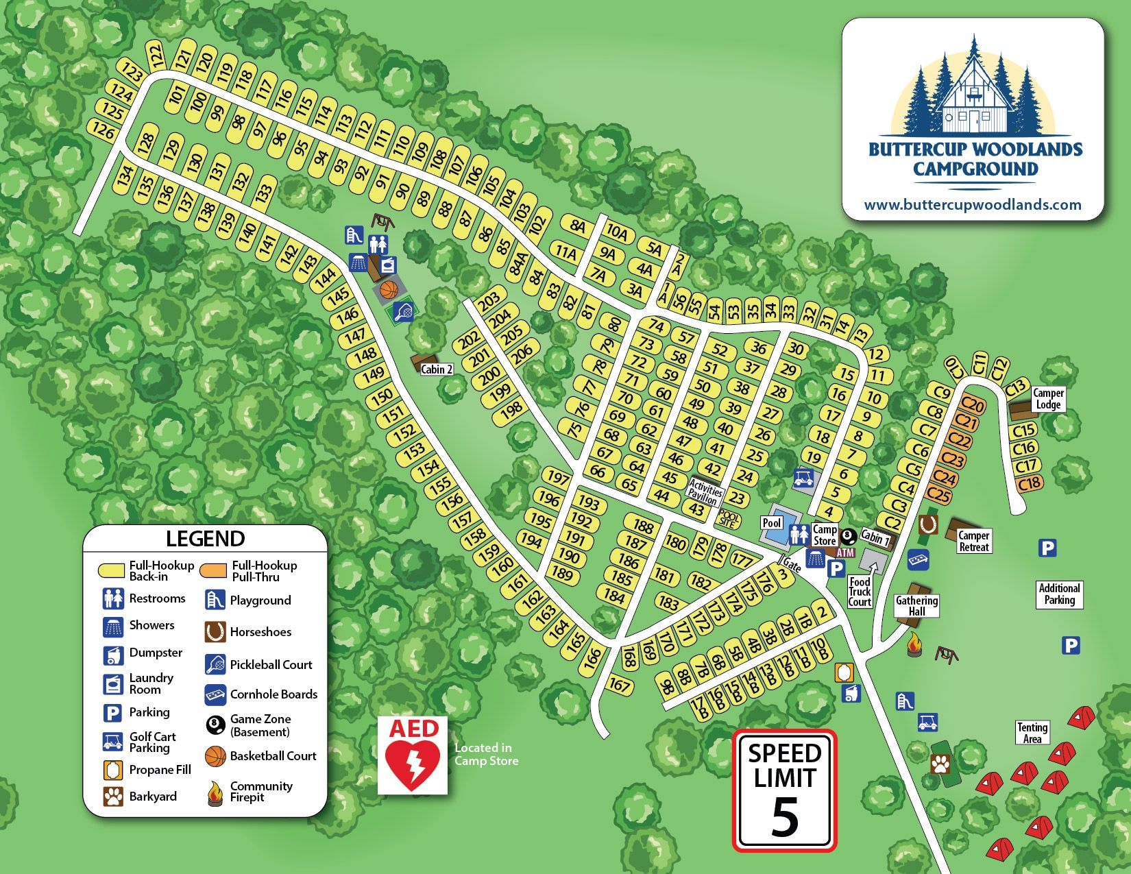 Map of Butterly Woodside Campground with campsites, amenities, and speed limit.