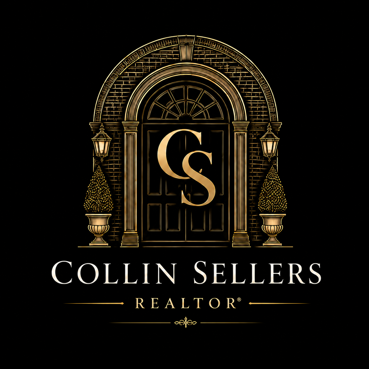 Gold ornate arch logo with “CS” monogram and text “Collin Sellers Realtor” on black background