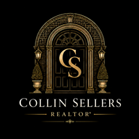 Gold ornate arch logo with “CS” monogram and text “Collin Sellers Realtor” on black background
