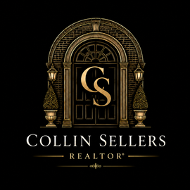 Gold ornate arch logo with “CS” monogram and text “Collin Sellers Realtor” on black background