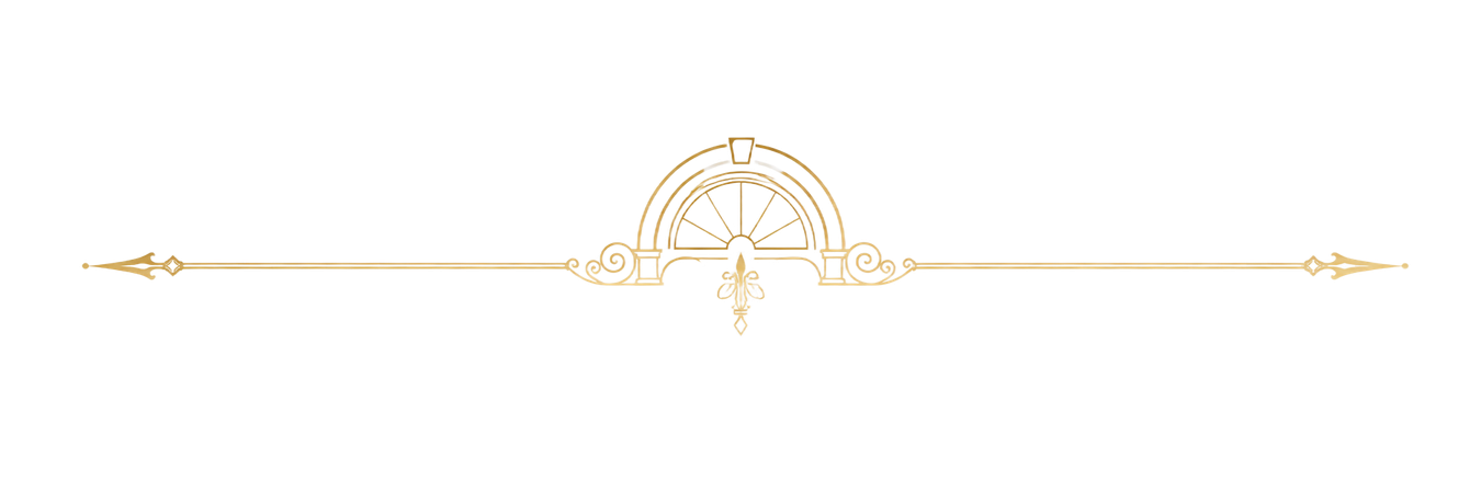 Gold ornamental divider with a central semicircle and delicate floral flourishes on a white background