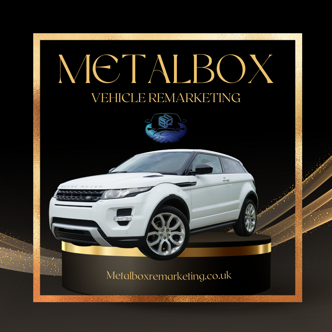 An advertisement for metalbox vehicle remarketing with a white car on a pedestal