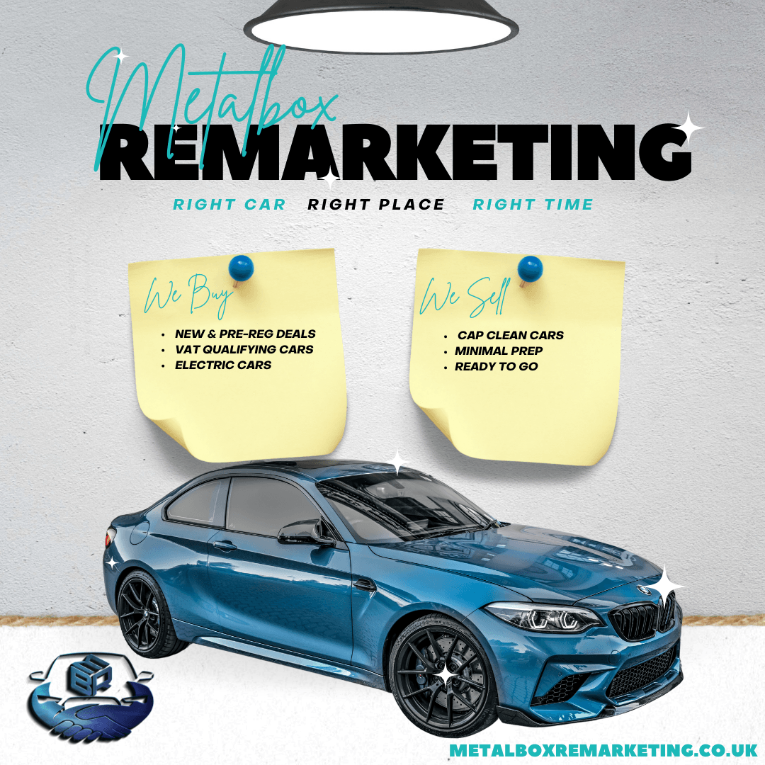 A blue car is on a poster that says metalbox remarketing