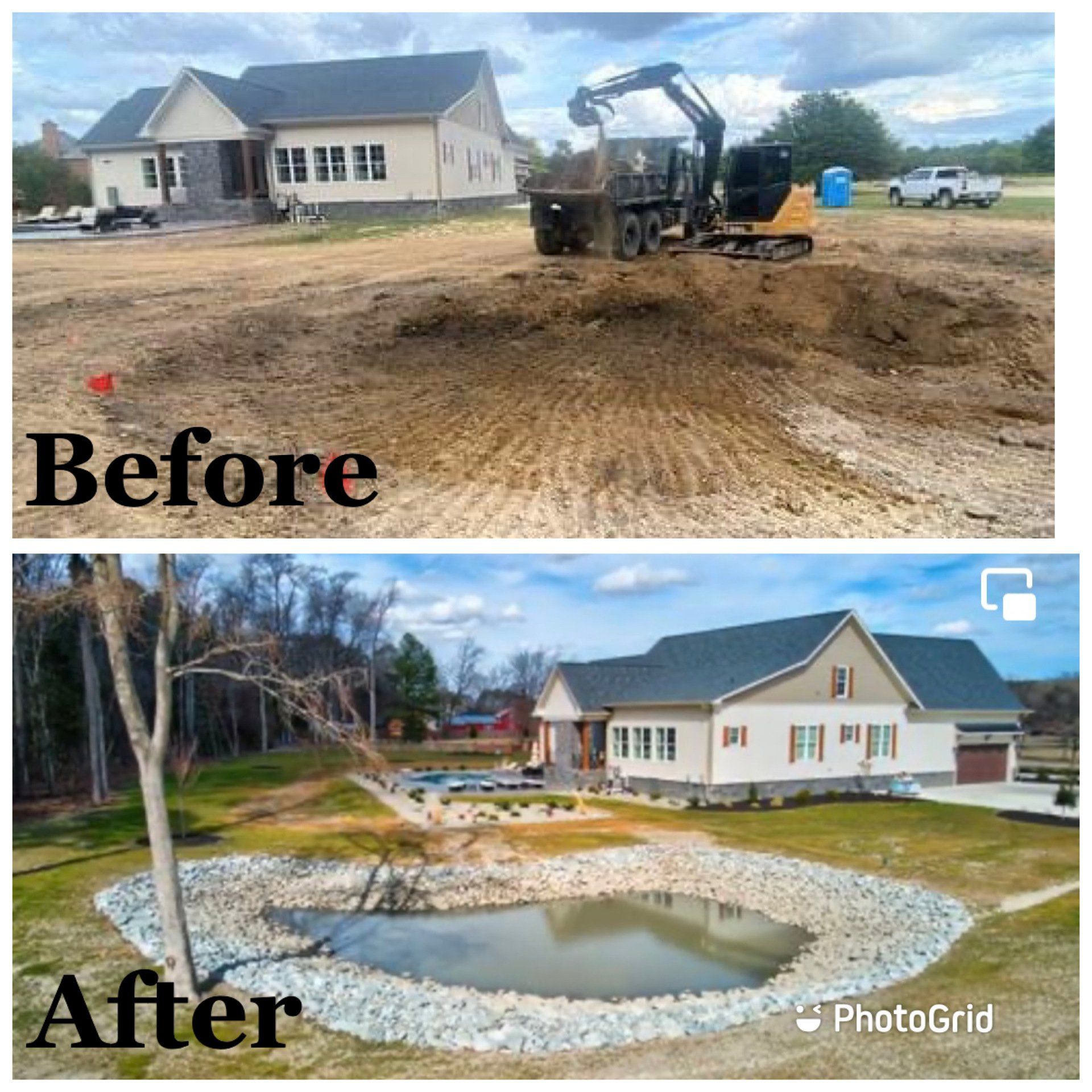 Before and after photos: a house under construction with a construction vehicle, then a completed house with a pond.