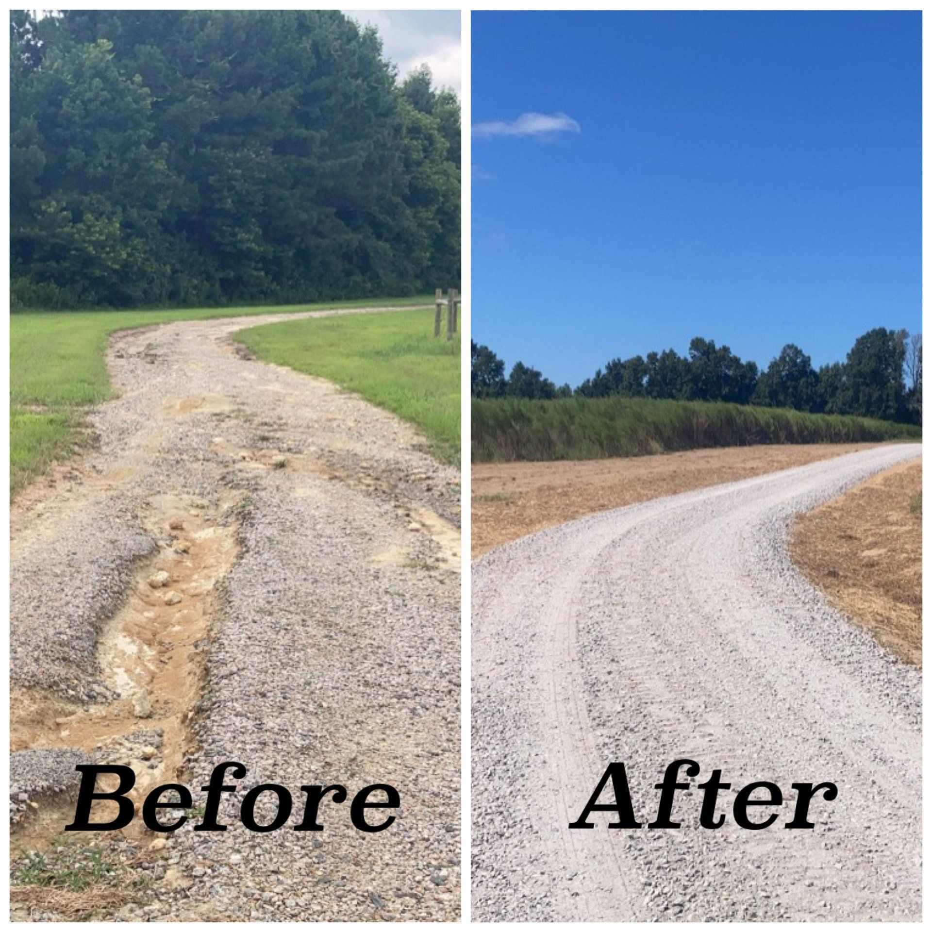 Before and after photos of a gravel driveway. The first is rough and damaged, the second is smooth and newly graveled.