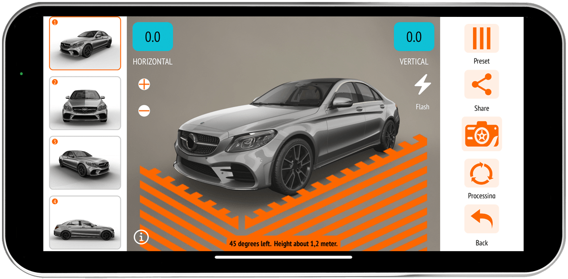 Gray sports sedan in a 3D car customization interface, shown from the side with orange floor accents and tool icons