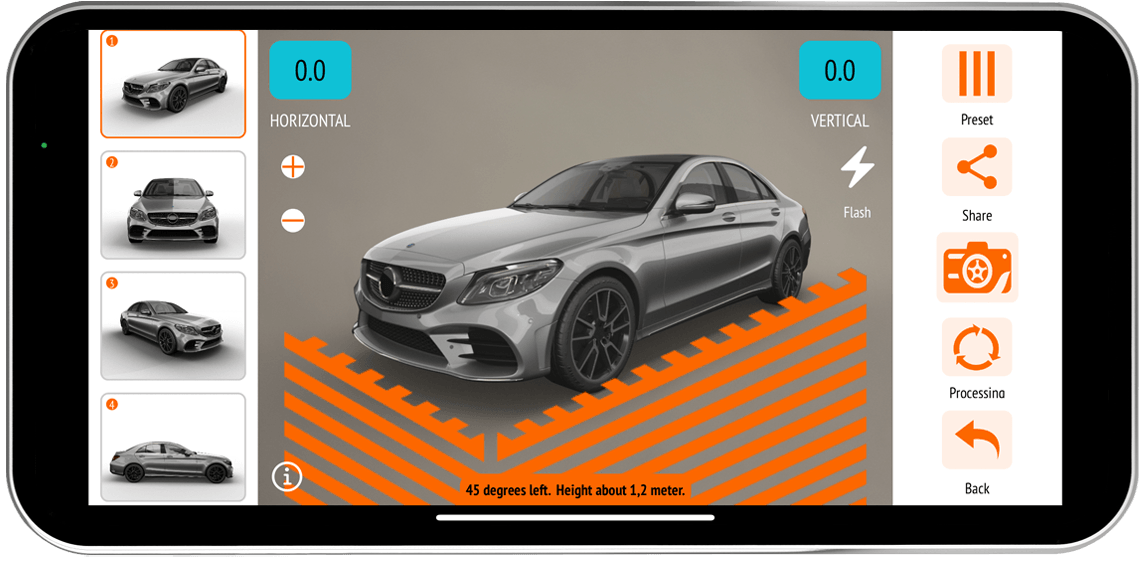 Sivý športový sedan v aplikácii na úpravu auta s oranžovými akcentmi a ikonami v bočnom menu