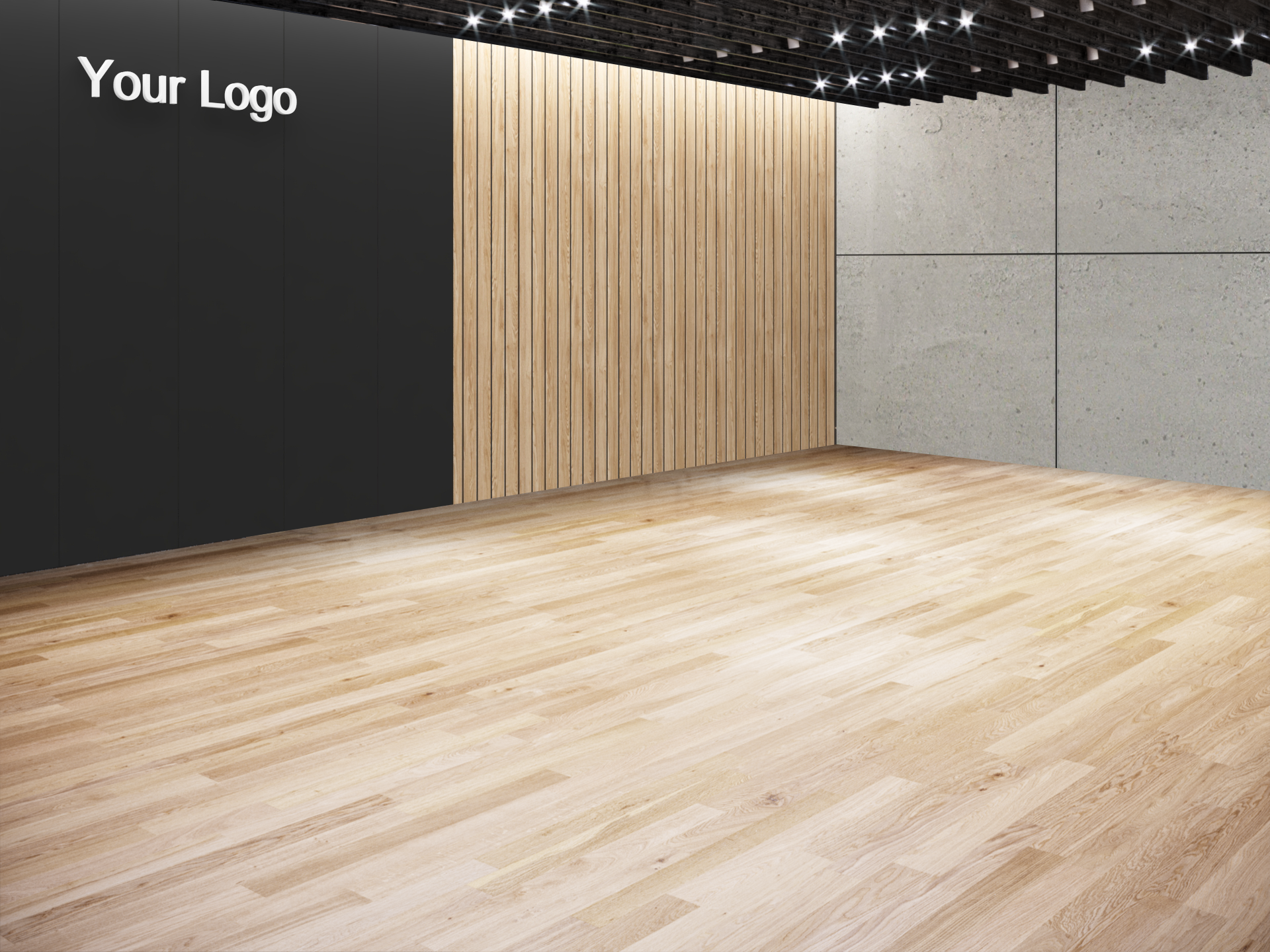 Prázdny moderný showroom s drevenou podlahou, čiernou stenou s nápisom „Vaše logo“, drevenými latkami a sivou panelovou stenou