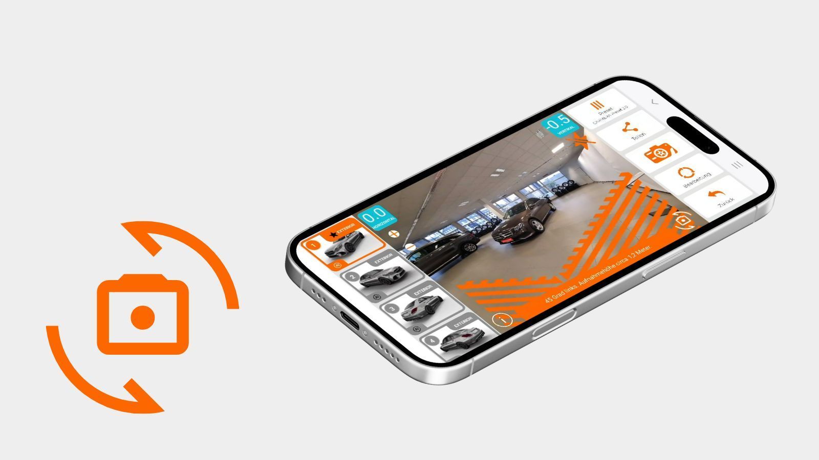 Smartfón zobrazujúci aplikáciu fotoaparátu s oranžovými ikonami otáčania vedľa nej