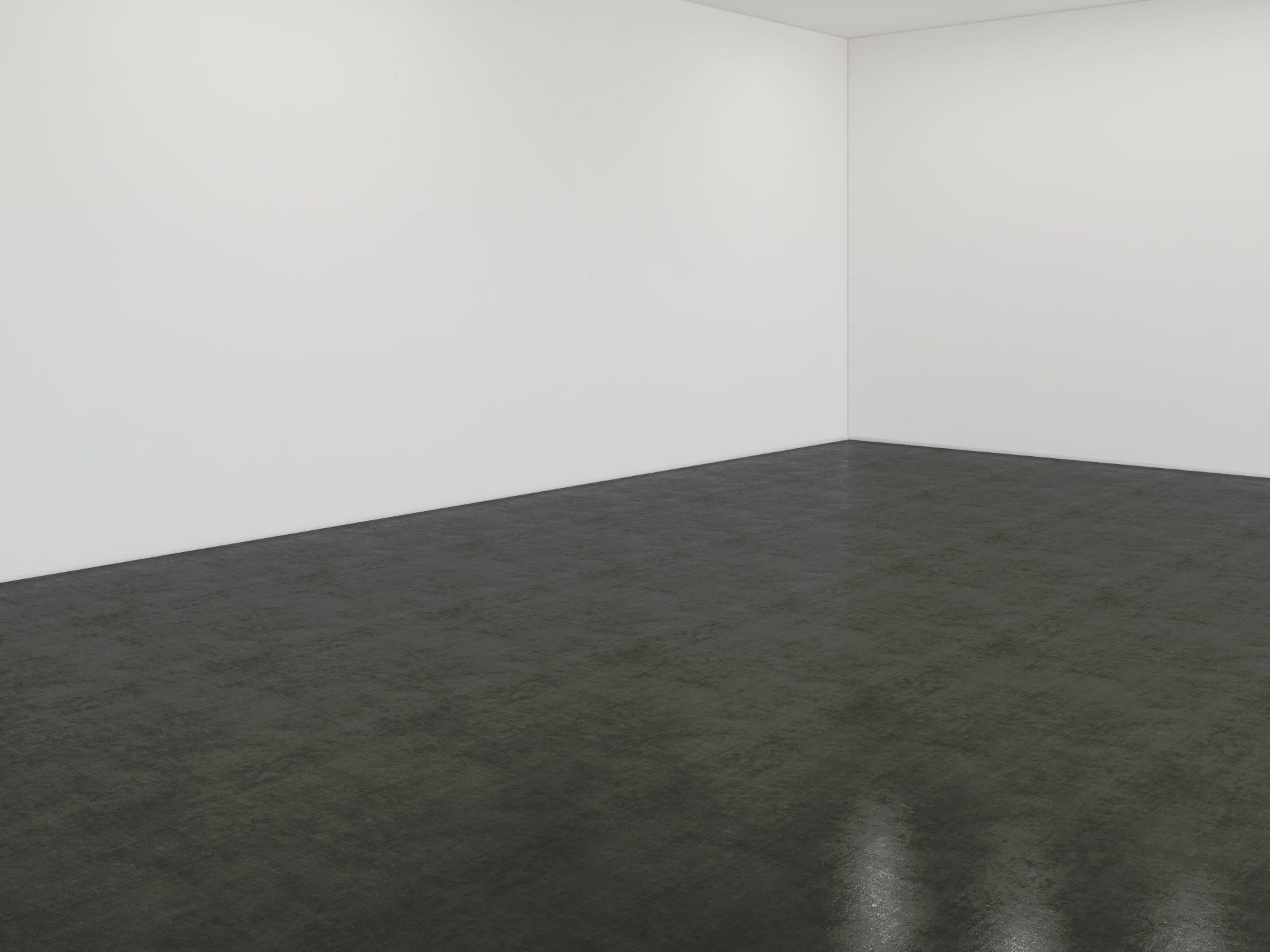 Prázdna biela izba s tmavosivou podlahou a viditeľnou rohovou stenou
