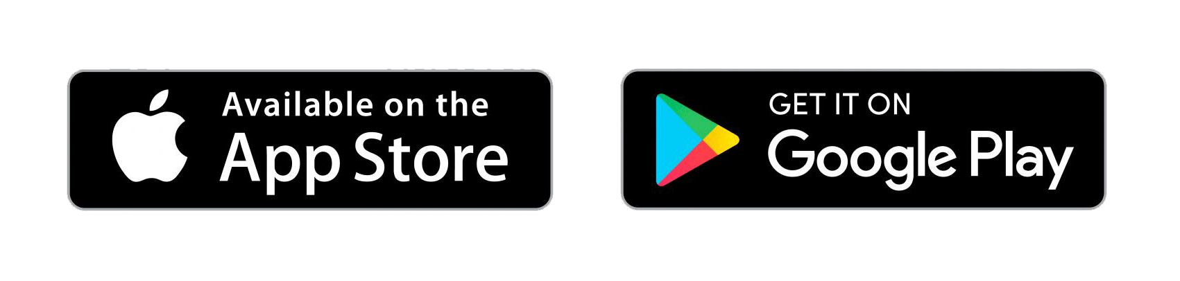 App Store and Google Play download badges on black backgrounds, with Apple and Google Play logos.