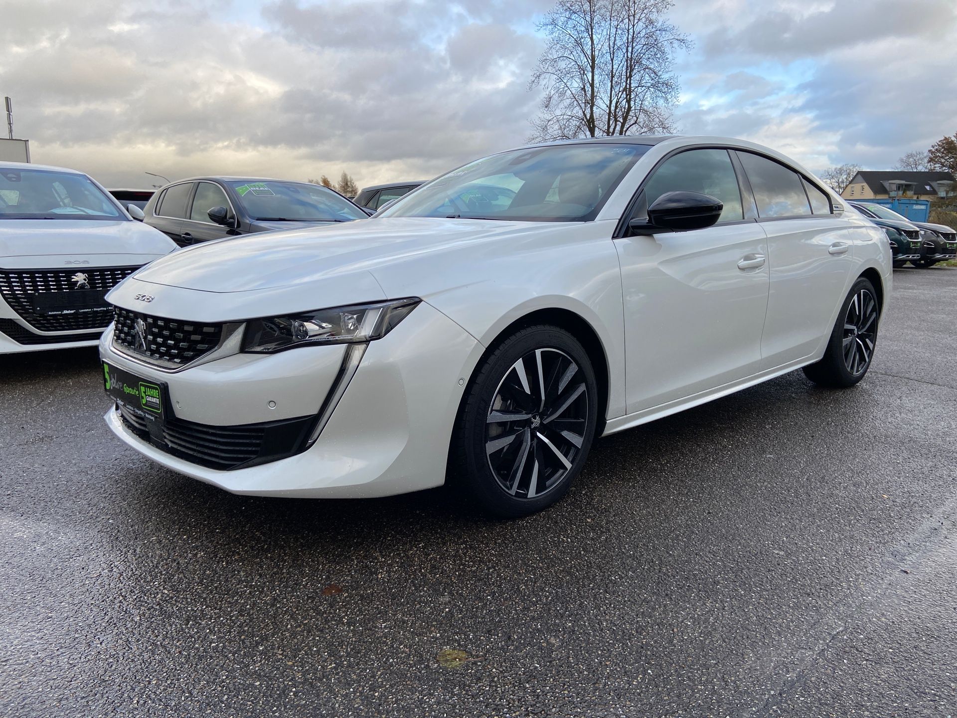 Biely sedan Honda zaparkovaný na mokrom pozemku pod zamračenou oblohou, pohľad spredu z troch štvrtín