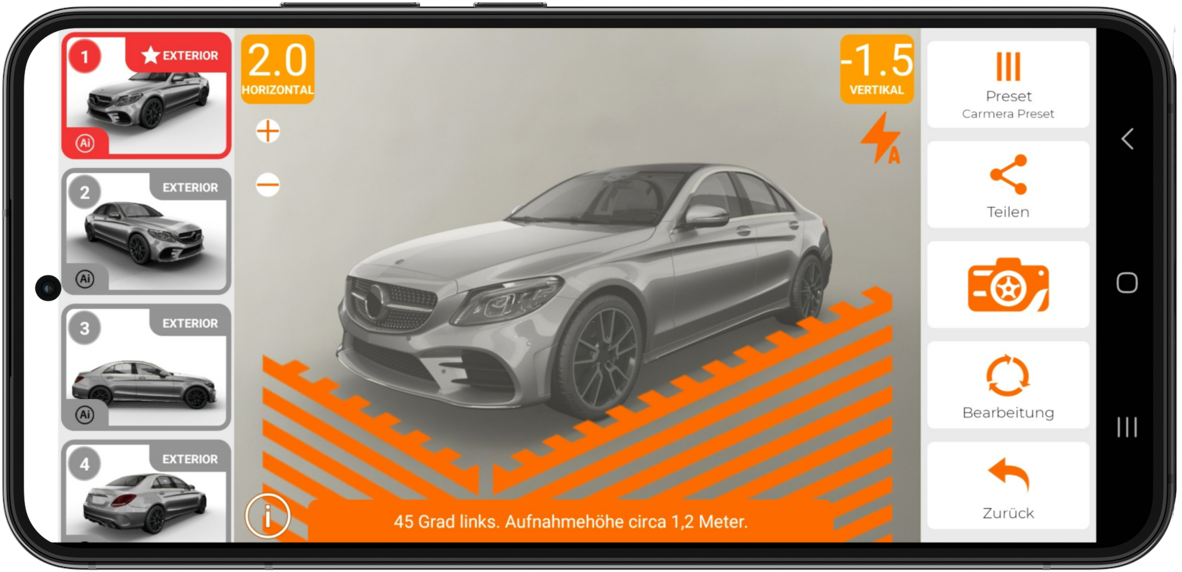 Car dashboard screen showing a gray car model with orange interface icons and vehicle settings.