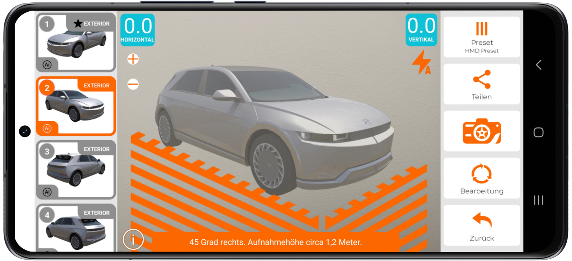Car racing game screen with silver car in orange track editor and menu icons around the edges