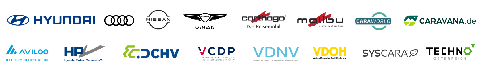 Row of partner and sponsor logos on a white banner, including Hyundai, Audi, VCDP, VDNV, VOOH, and Techno.