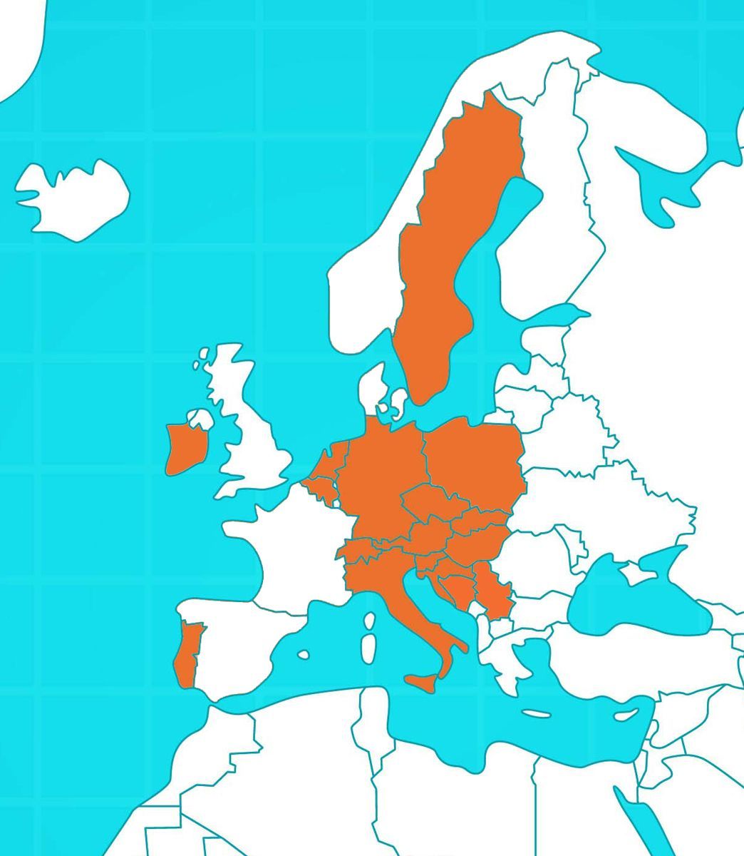 Orange-highlighted European countries on a blue map background, with surrounding regions in white.