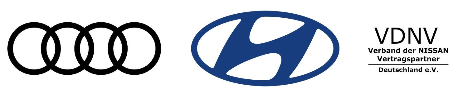 Logá Audi a Hyundai s textom VDNV v čiernej, modrej a bielej farbe