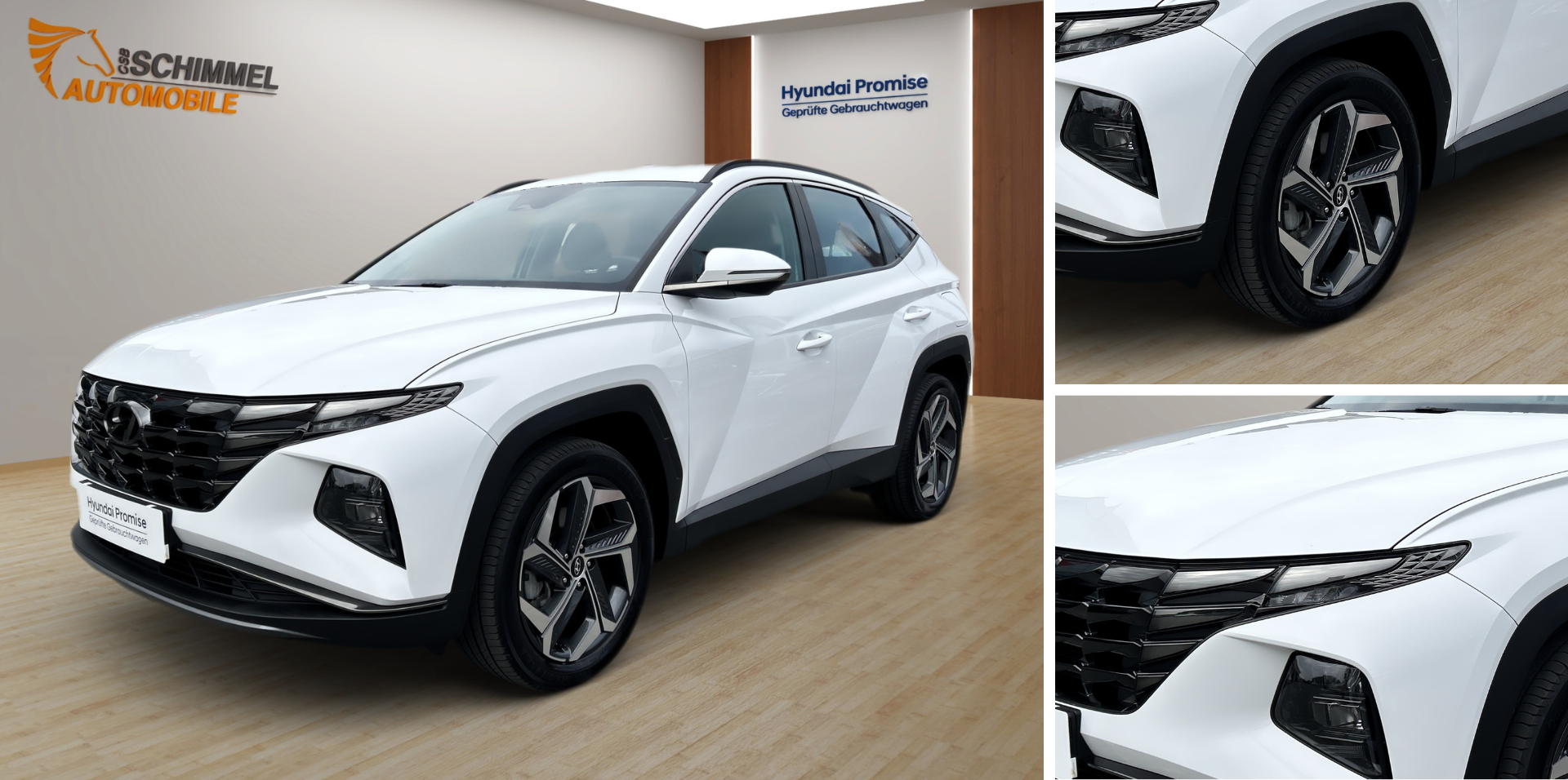 Biele SUV vystavené v interiéri s detailným pohľadom na prednú mriežku a koleso