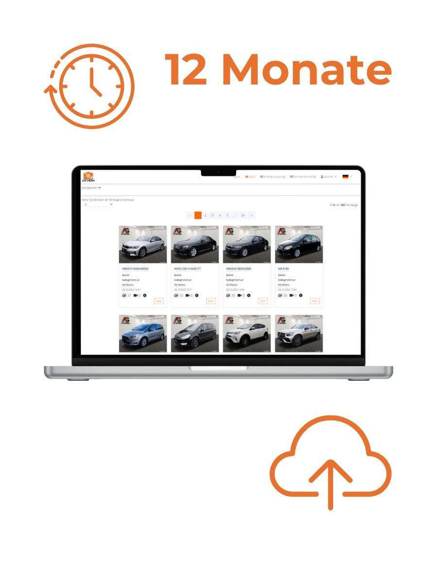 12-mesačný text s notebookom zobrazujúcim zoznamy áut a oranžovou ikonou nahrávania do cloudu