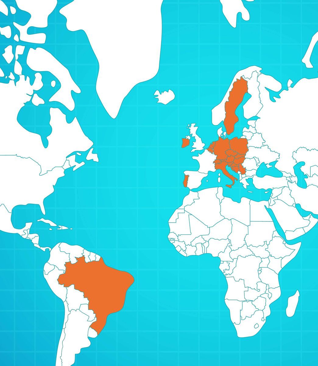 World map with orange-highlighted regions in Europe and South America on a blue ocean background